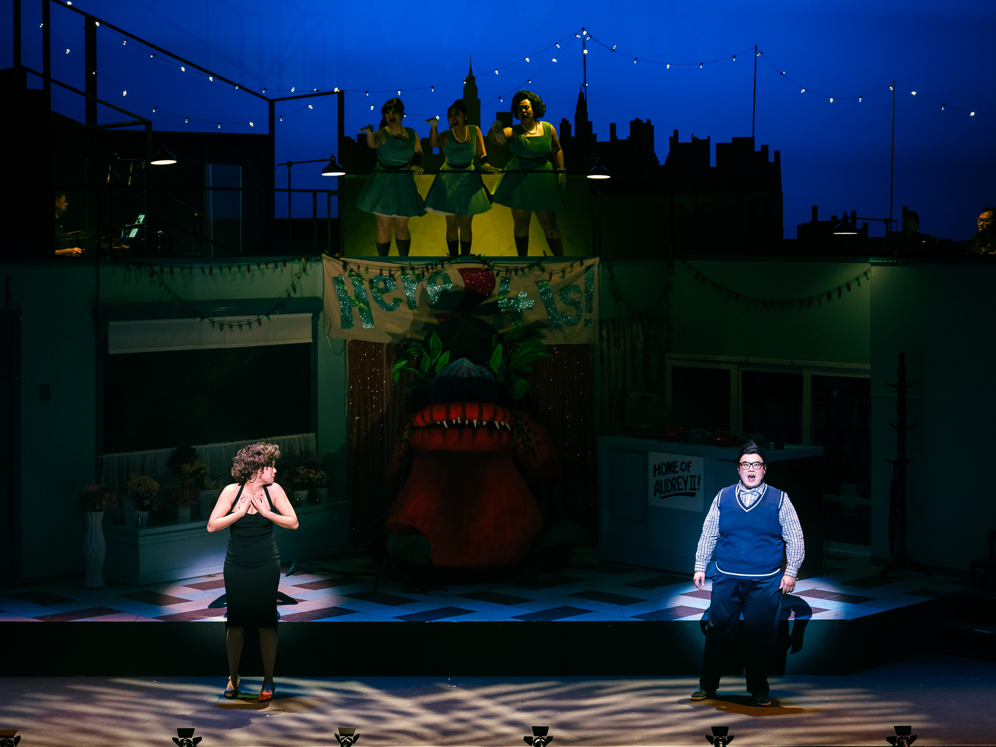 Wide shot of Seymour and Audrey performing a number with other characters
