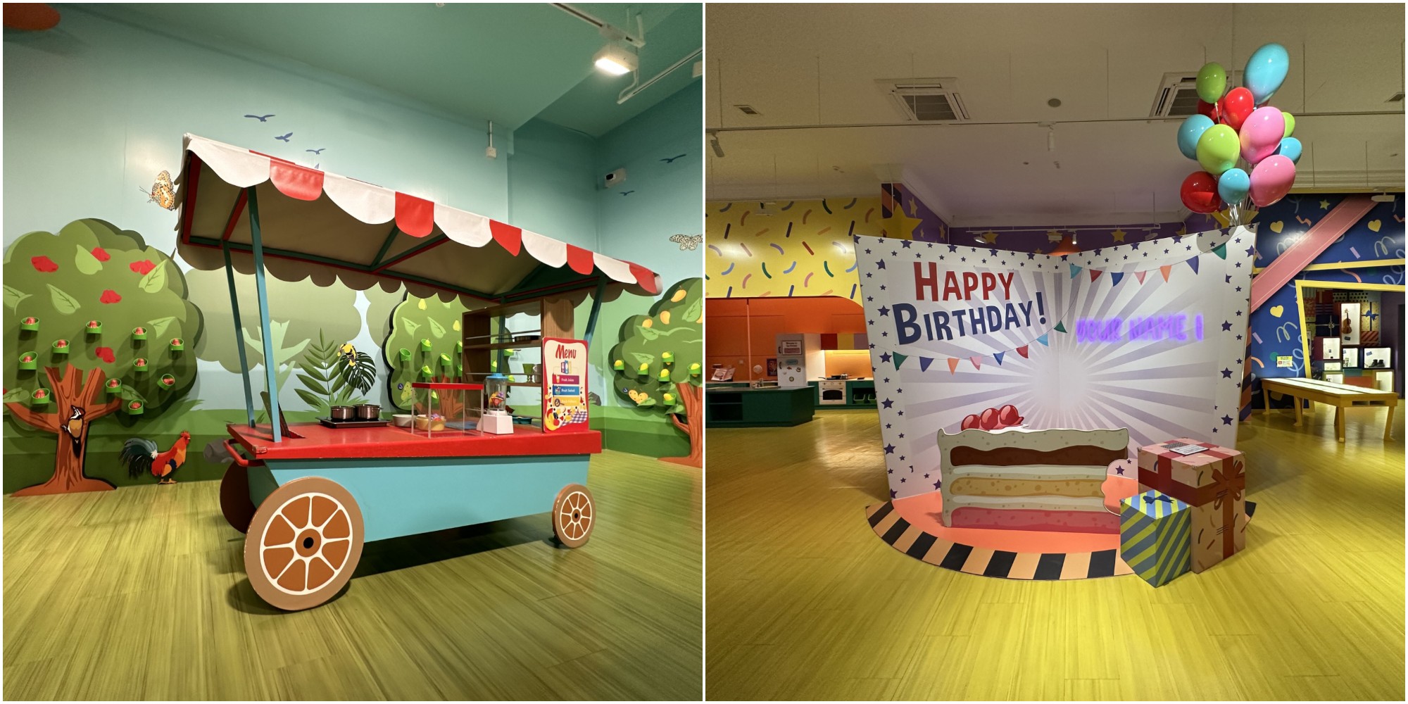   Left: Mid shot of a cart in Play Pod. Right: Wide shot of Happy Birthday exhibition