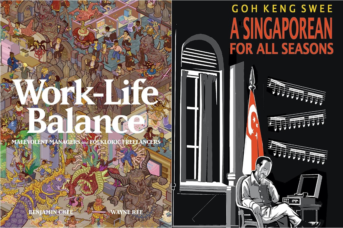 A collage of Singaporean graphic novels, Work-Life Balance: Malevolent Managers and Folkloric Freelancers and Goh Keng Swee: A Singaporean for All Seasons