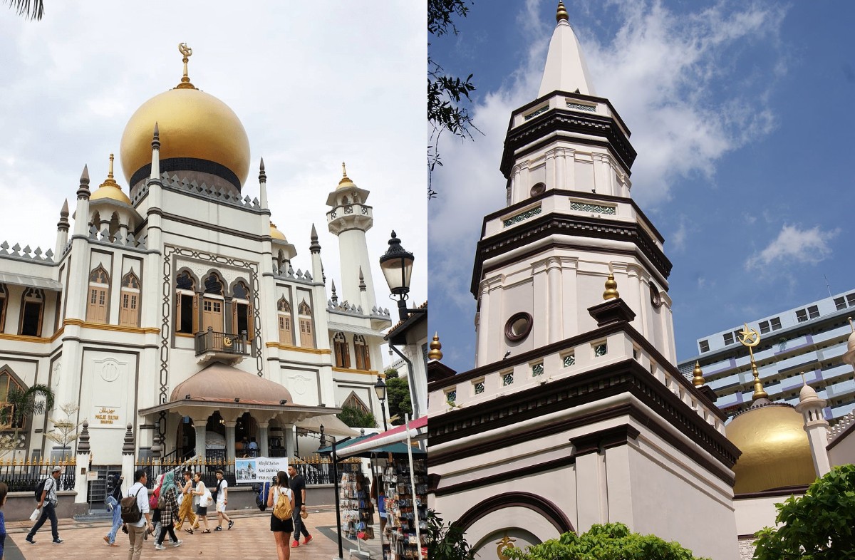 A collage of the Sultan Mosque and Hajjah Fatimah Mosque (from left to right) 