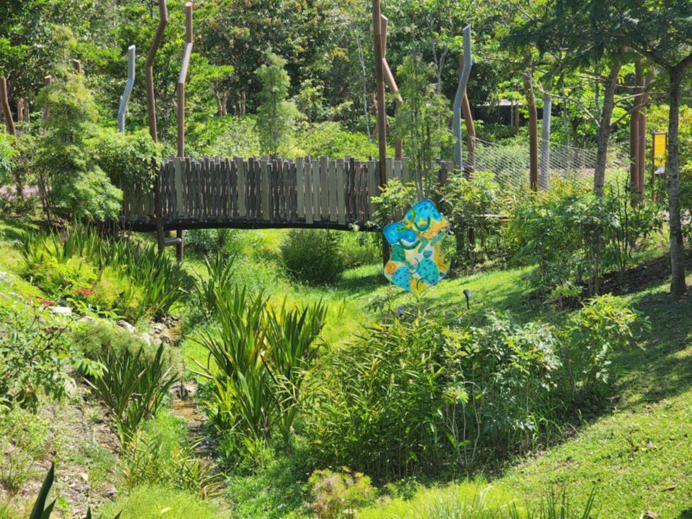 Wide shot of an installation from Our Dreams Must Continue in Jurong Lake Gardens
