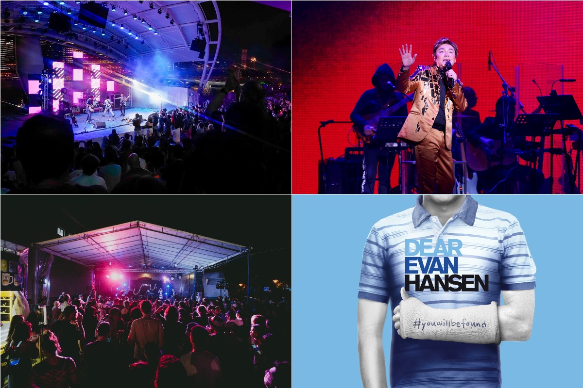 Collage of Baybeats 2023, Sebastian Tan in Broadway Beng, AXEAN Festival 2023, and Dear Evan Hansen