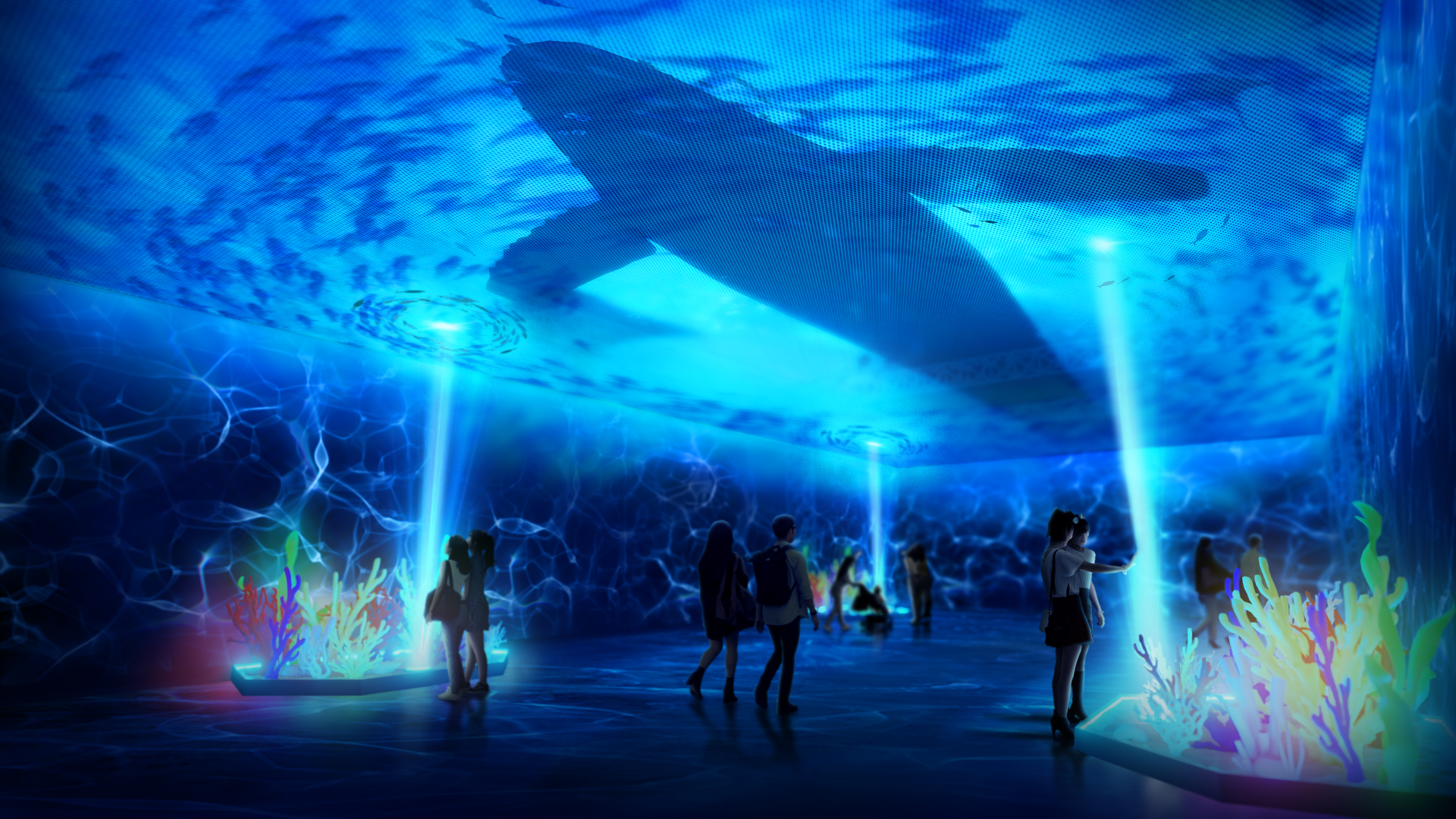 Wide shot of people exploring the exhibition space of Lightwave: Turning the Tide
