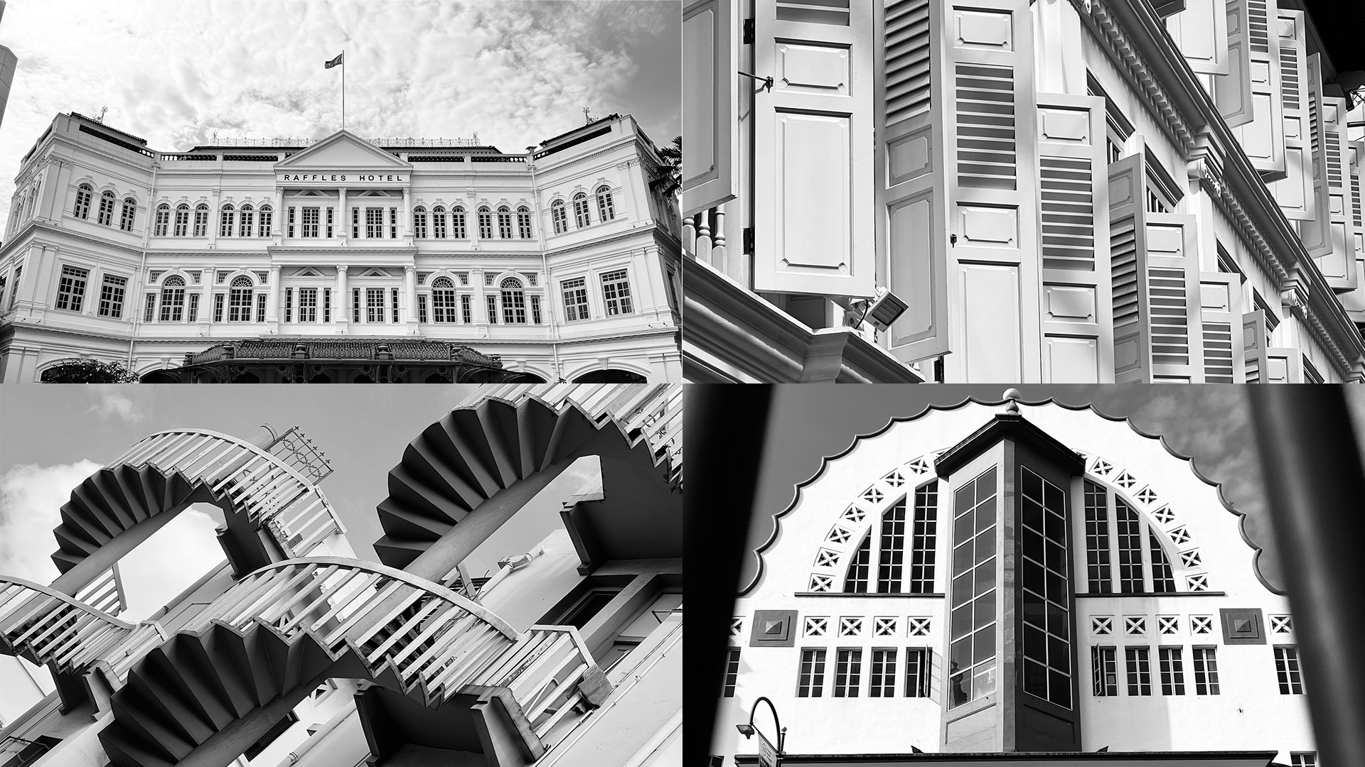 Black-and-white collage of heritage buildings 