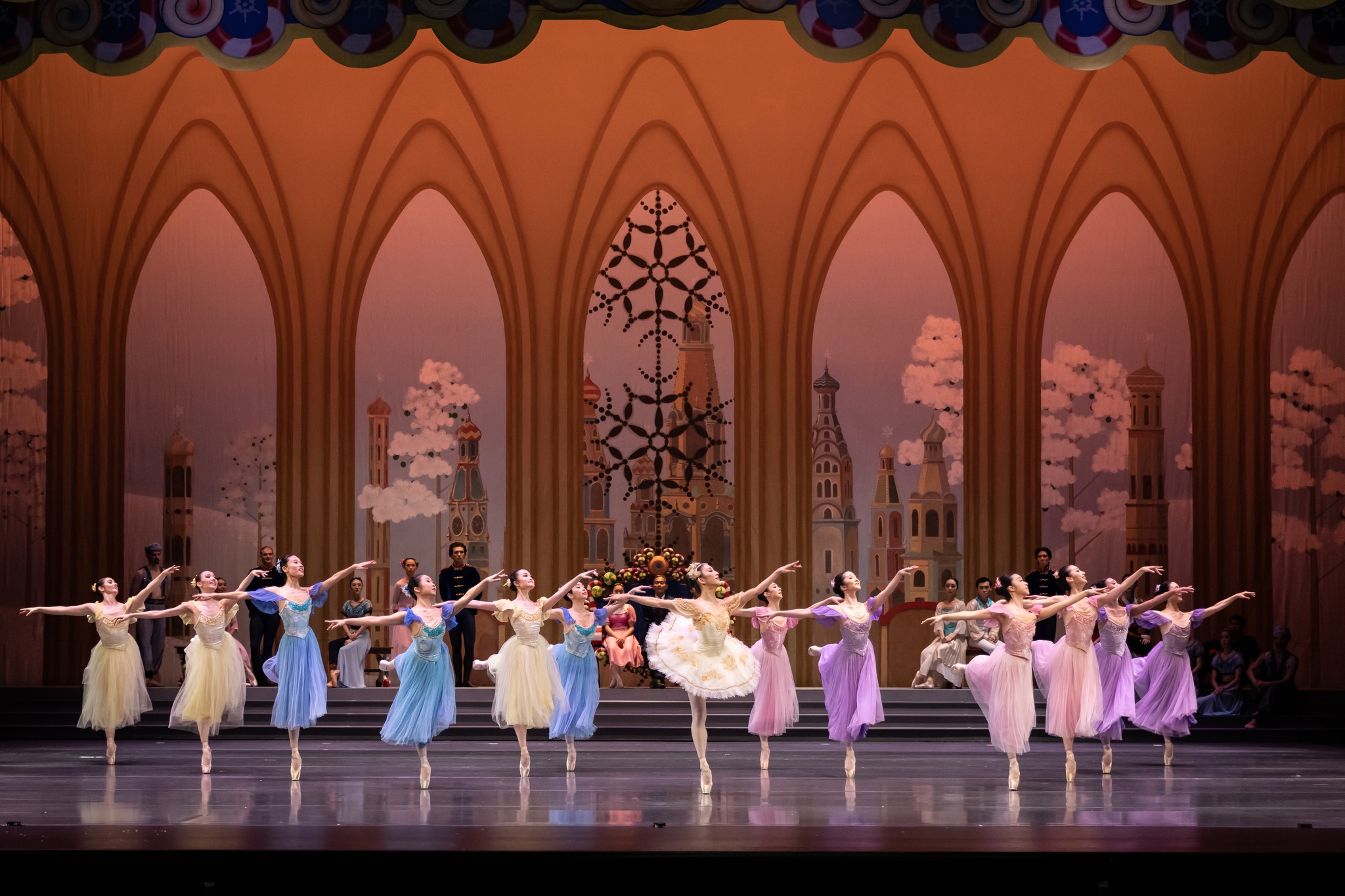 Wide shot of ballerinas performing on stage