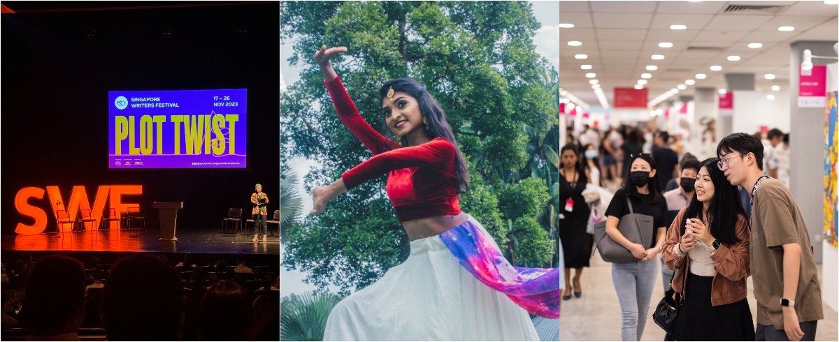 Collage of the opening speech for Singapore Writers Festival 2023, Bollywood Dance Workshop, and Affordable Art Fair 2023