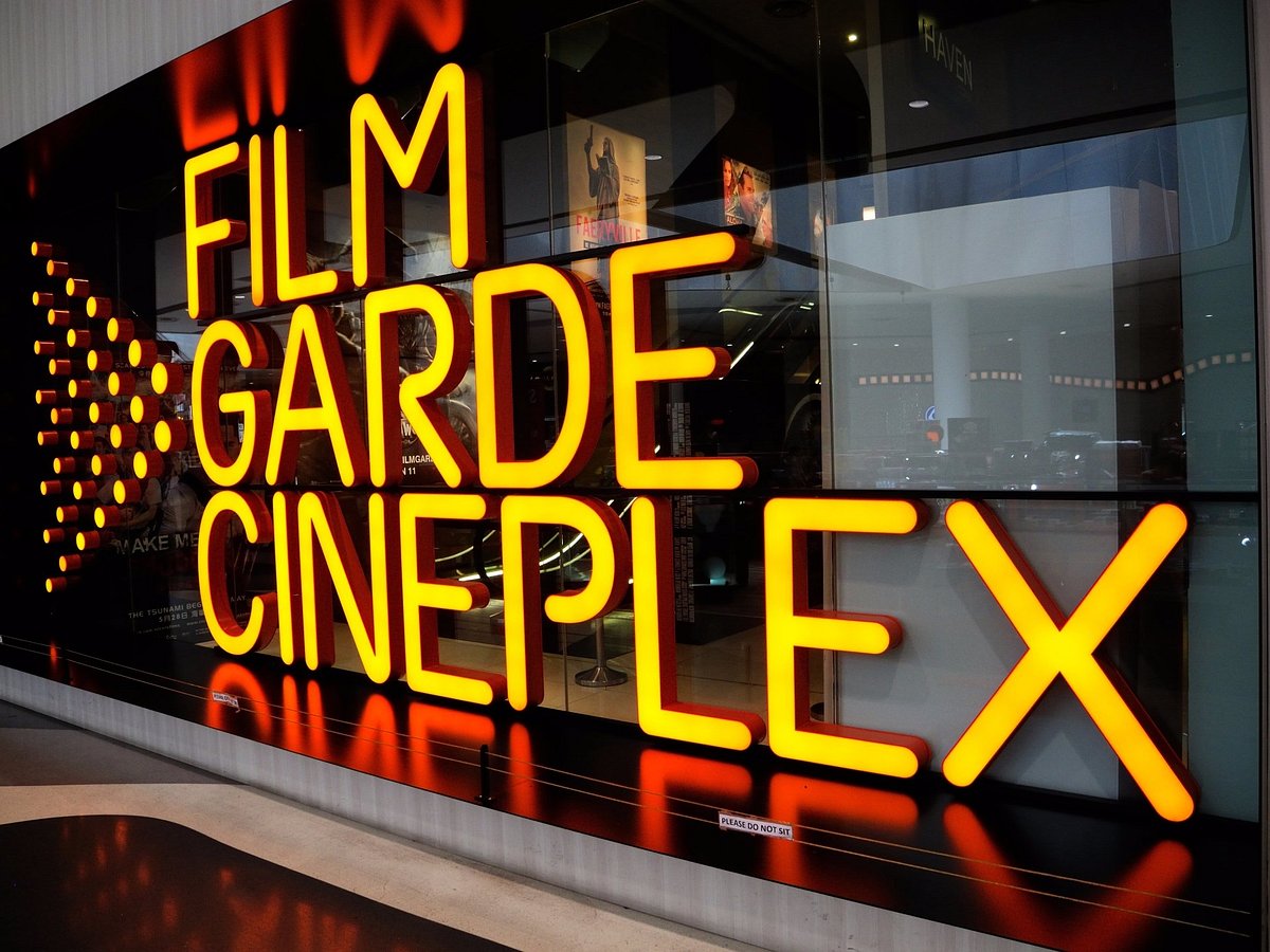 Close-up of the neon sign outside Filmgarde Cineplex