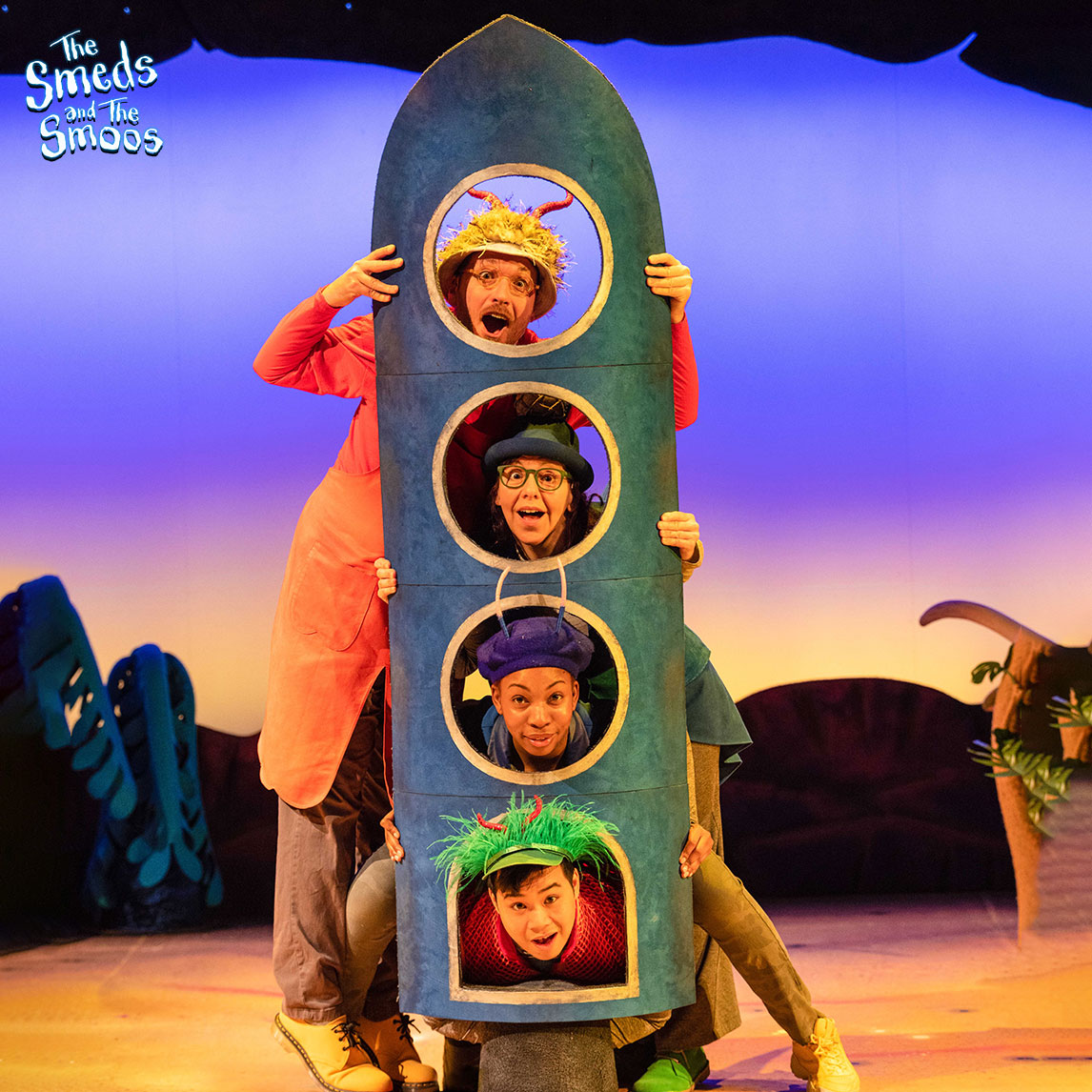  Mid shot of the cast of The Smeds & The Smoos onstage