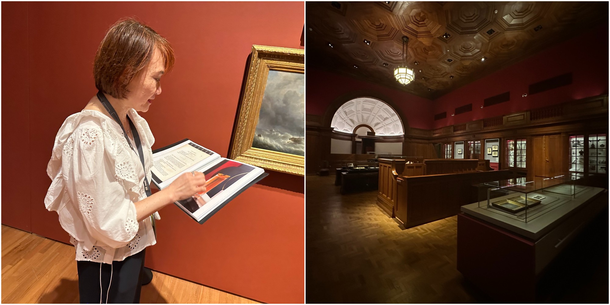 Left image: Mid shot of tour guide | Right image: Wide shot of gallery interior