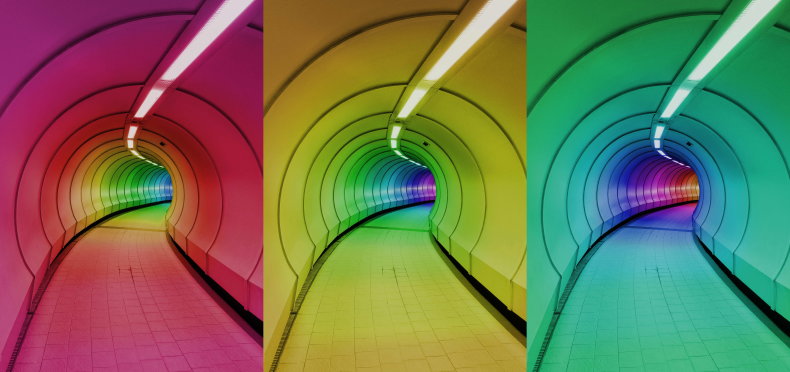 Collage of the different looks of the ATP Tunnel Rainbow Light-art Project