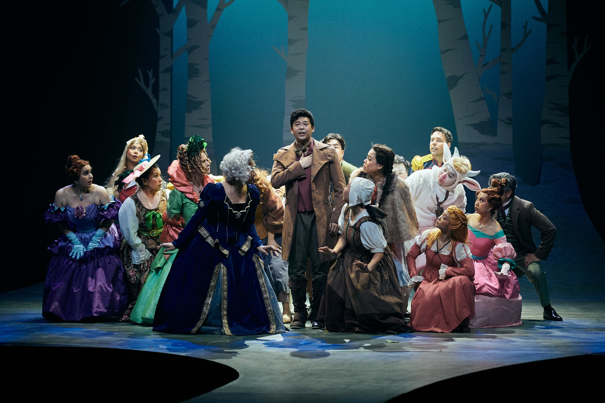 Wide shot of the full cast of Into The Woods onstage