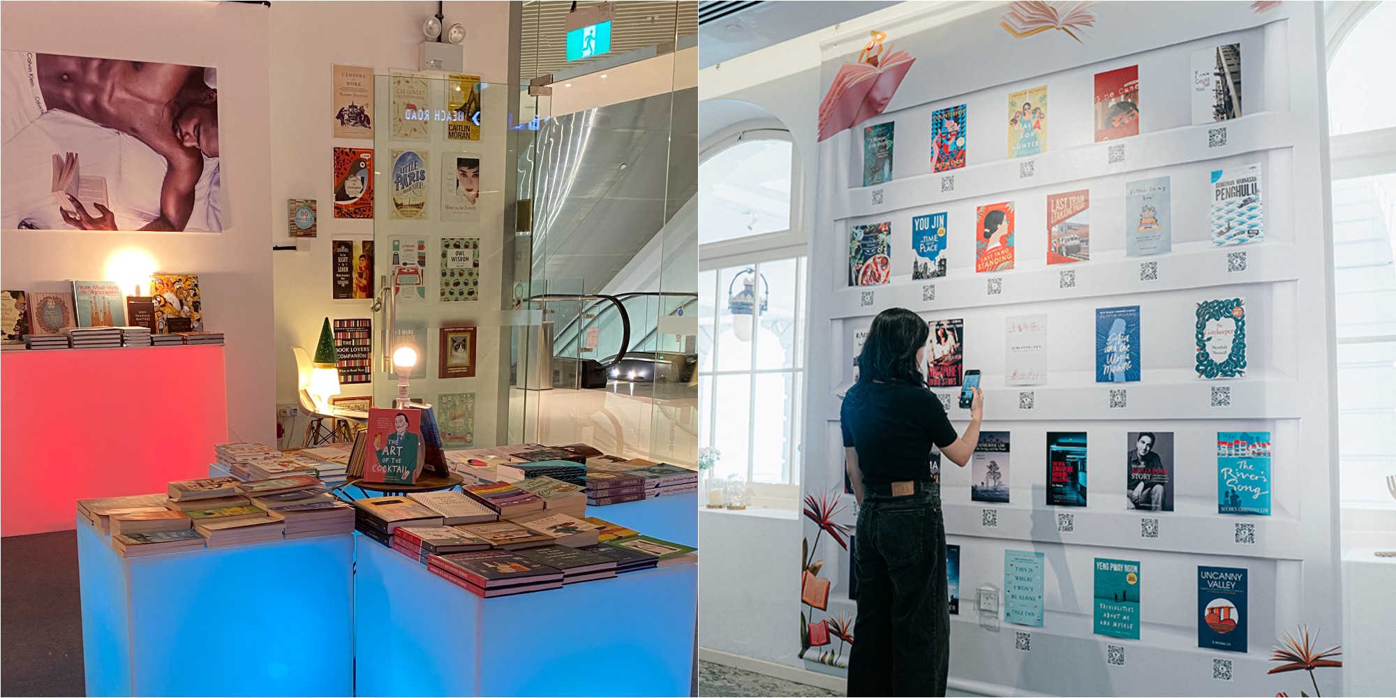 Collage of the Pop-up Bookstore and someone interacting with Read At Home’s QR code wall