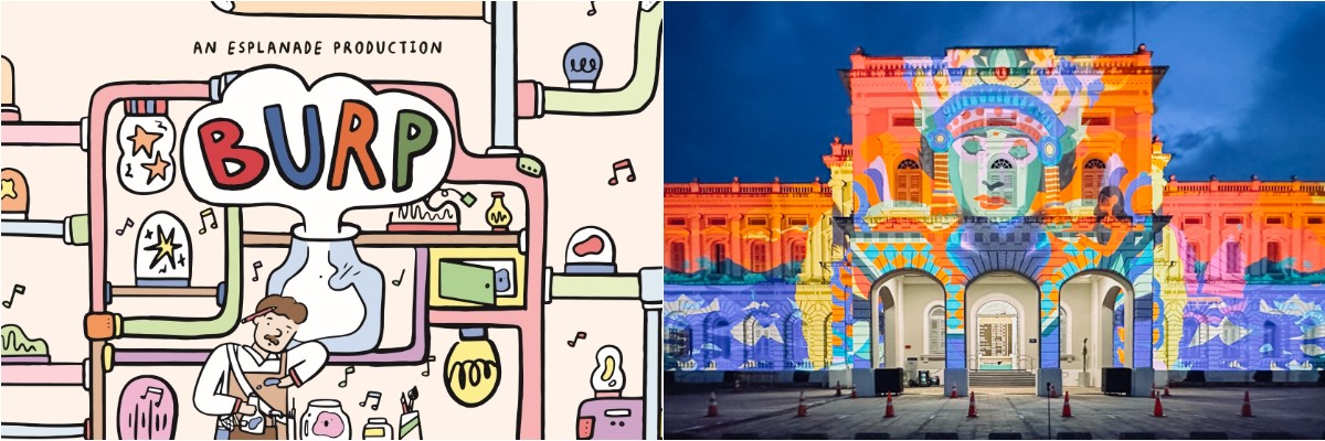 Collage of BURP and the facade of the National Museum of Singapore during the Singapore Night Festival (left to right)