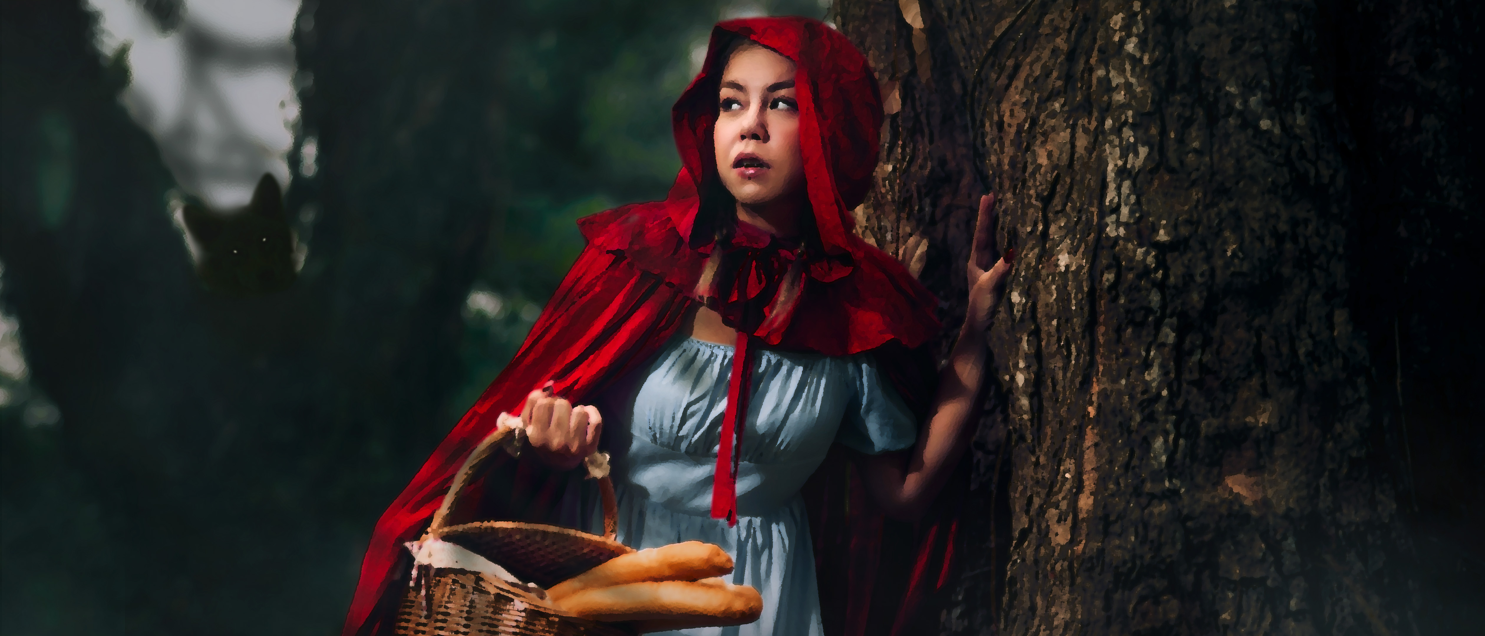 Mid shot of Frances Lee as Little Red Riding Hood in Into The Woods