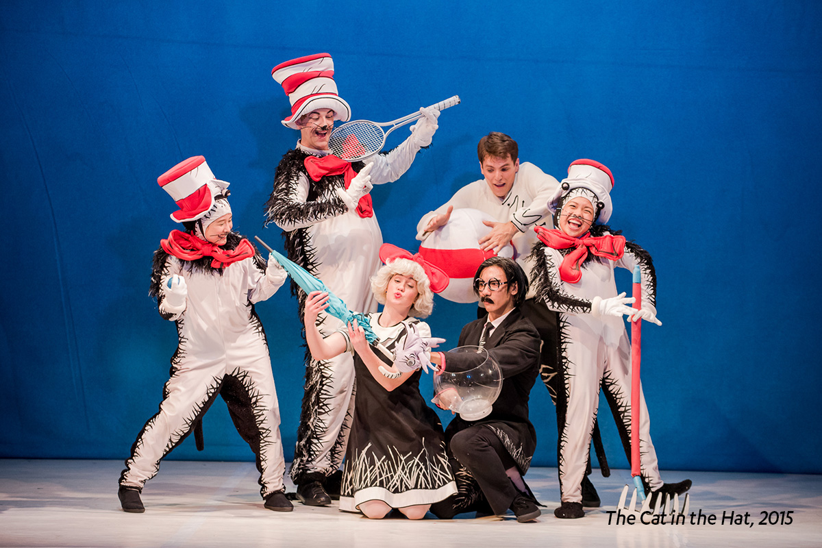 Wide shot of the cast from The Little Company onstage in The Cat in the Hat