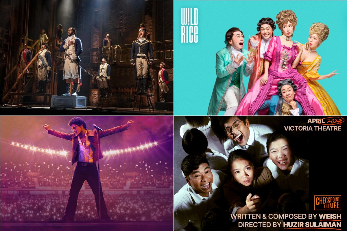 Collage of Hamilton cast, Tartuffe The Imposter cast, Bruno Mars, and Secondary The Musical cast (left to right) 