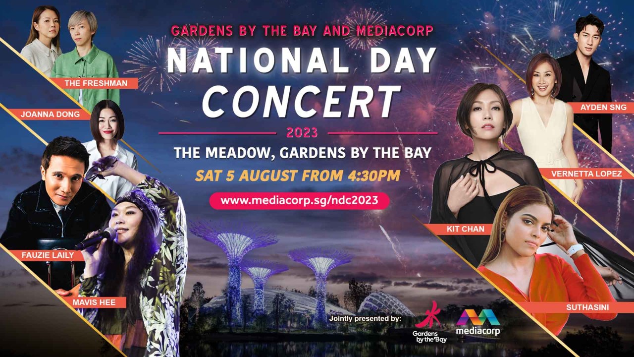 Visuals with event details of the Gardens by the Bay and Mediacorp National Day Concert 2023