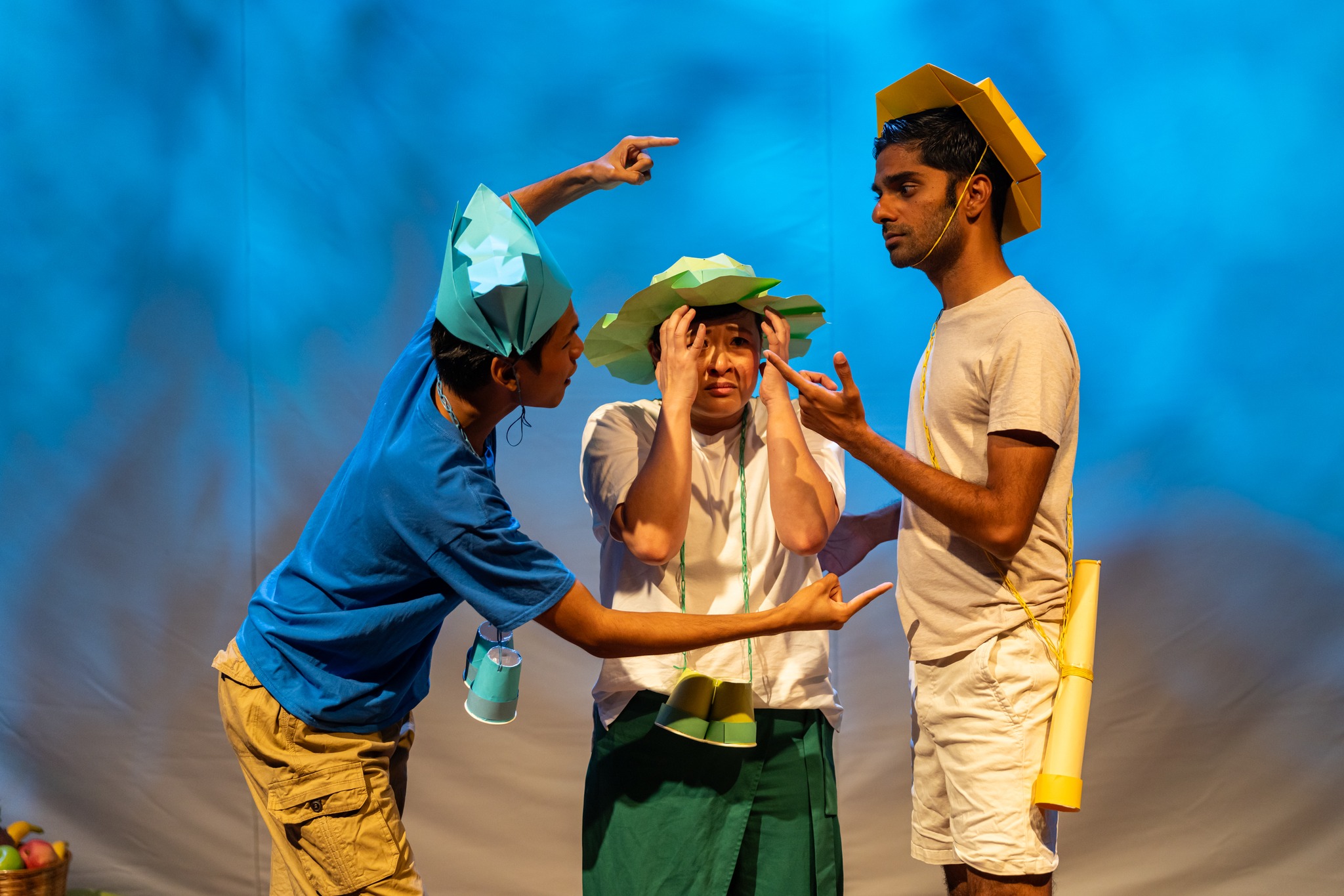 Wide shot of cast members Rino Junior John, Xie Huilin Jasmine, and Vignesh Singh