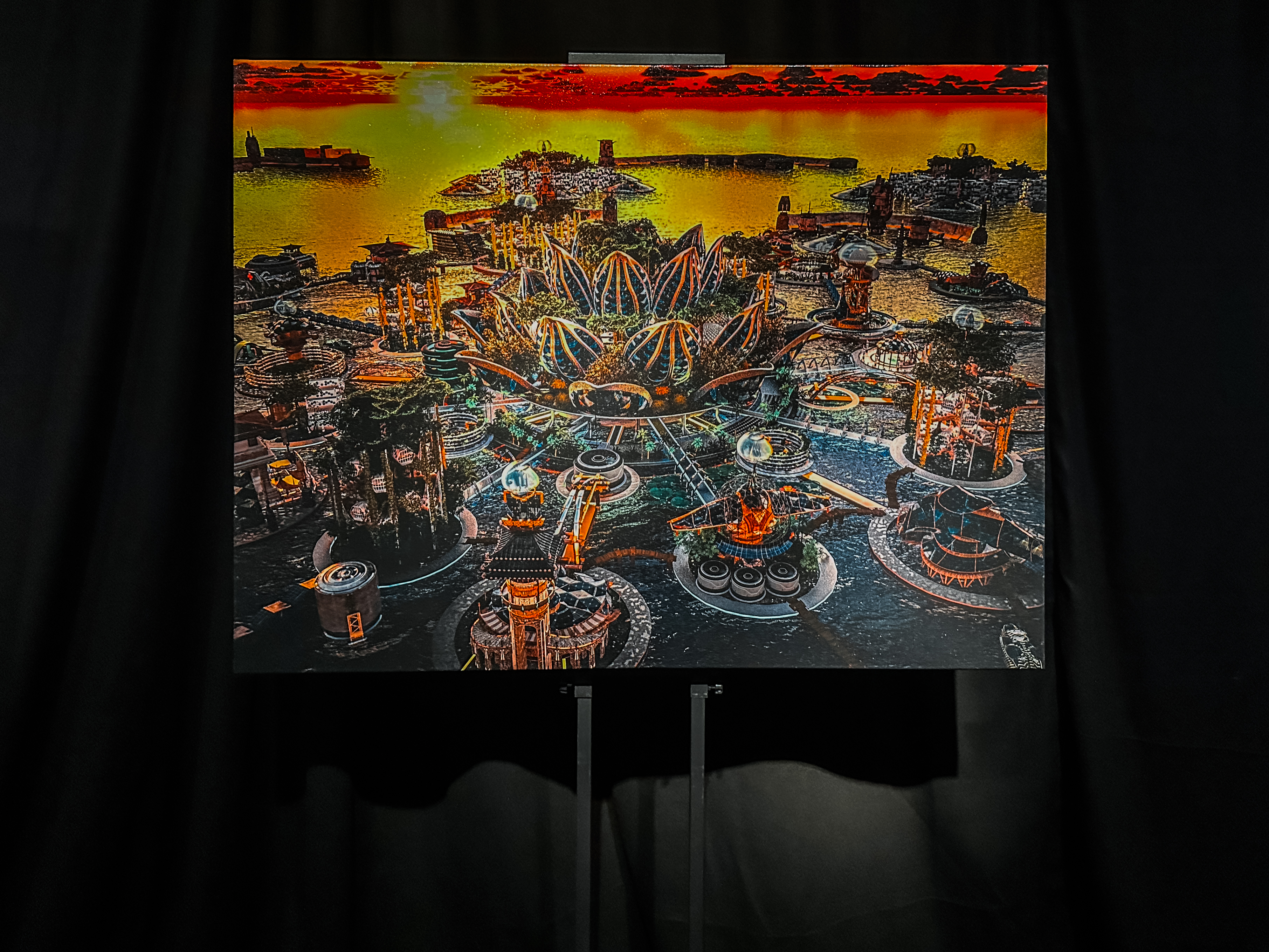 Mid shot of a painting depicting the dystopian city of “Aquasia” as part of the MeshMinds 3.0: ArtxTechforGood exhibition 