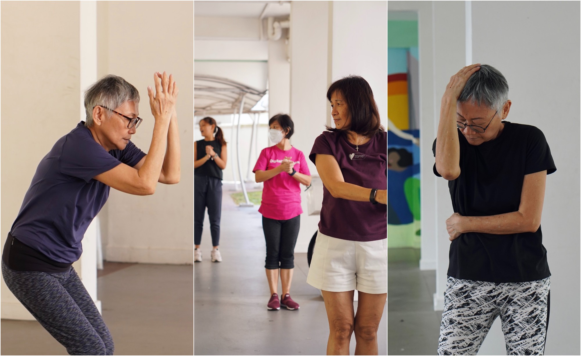 Collage of seniors rehearsing for Creased by Decadance
