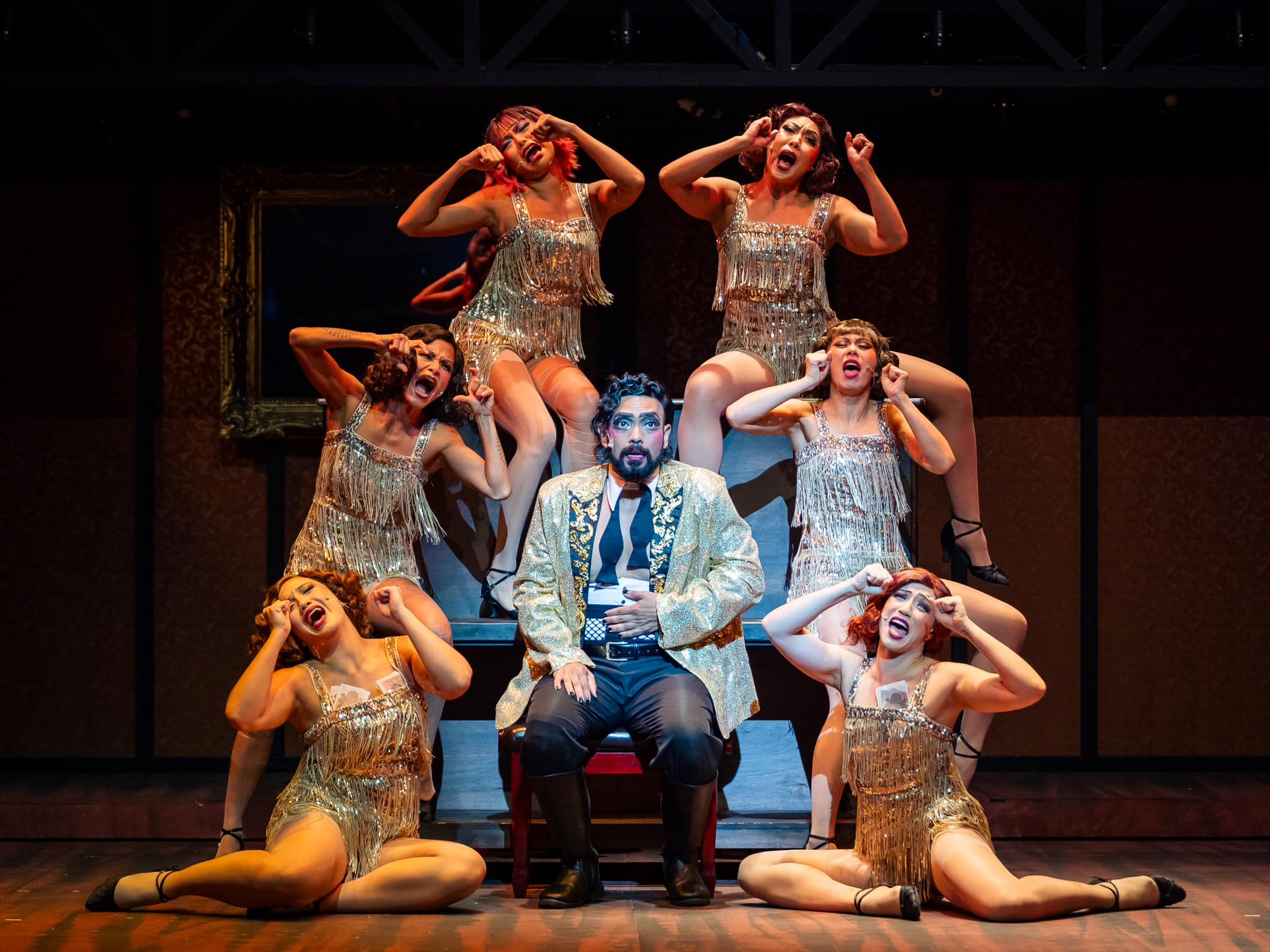Wide shot of Dwayne Lau and the ensemble cast in Cabaret