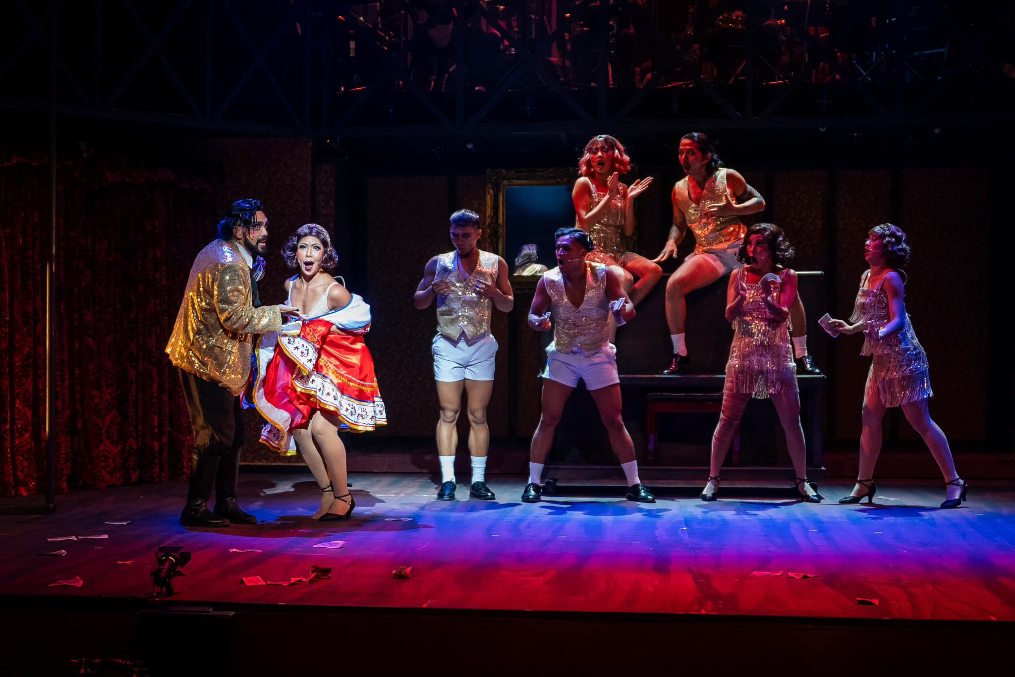 Wide shot of Dwayne Lau and the ensemble cast in Cabaret