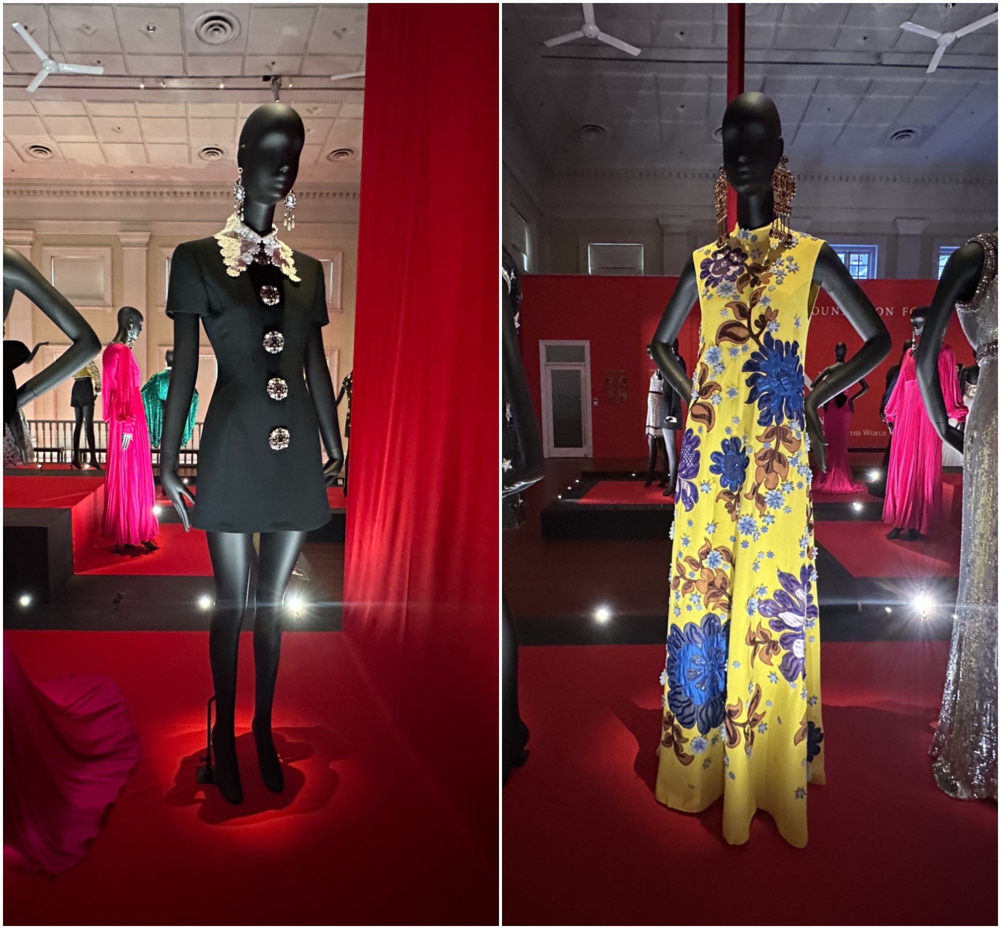  Left side: Black mini dress worn by Lady Gaga | Right side: Floral yellow gown worn by Zoe Tay
