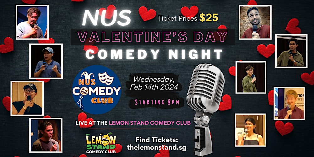 Key visual with event details of The NUS Valentine’s Comedy Show