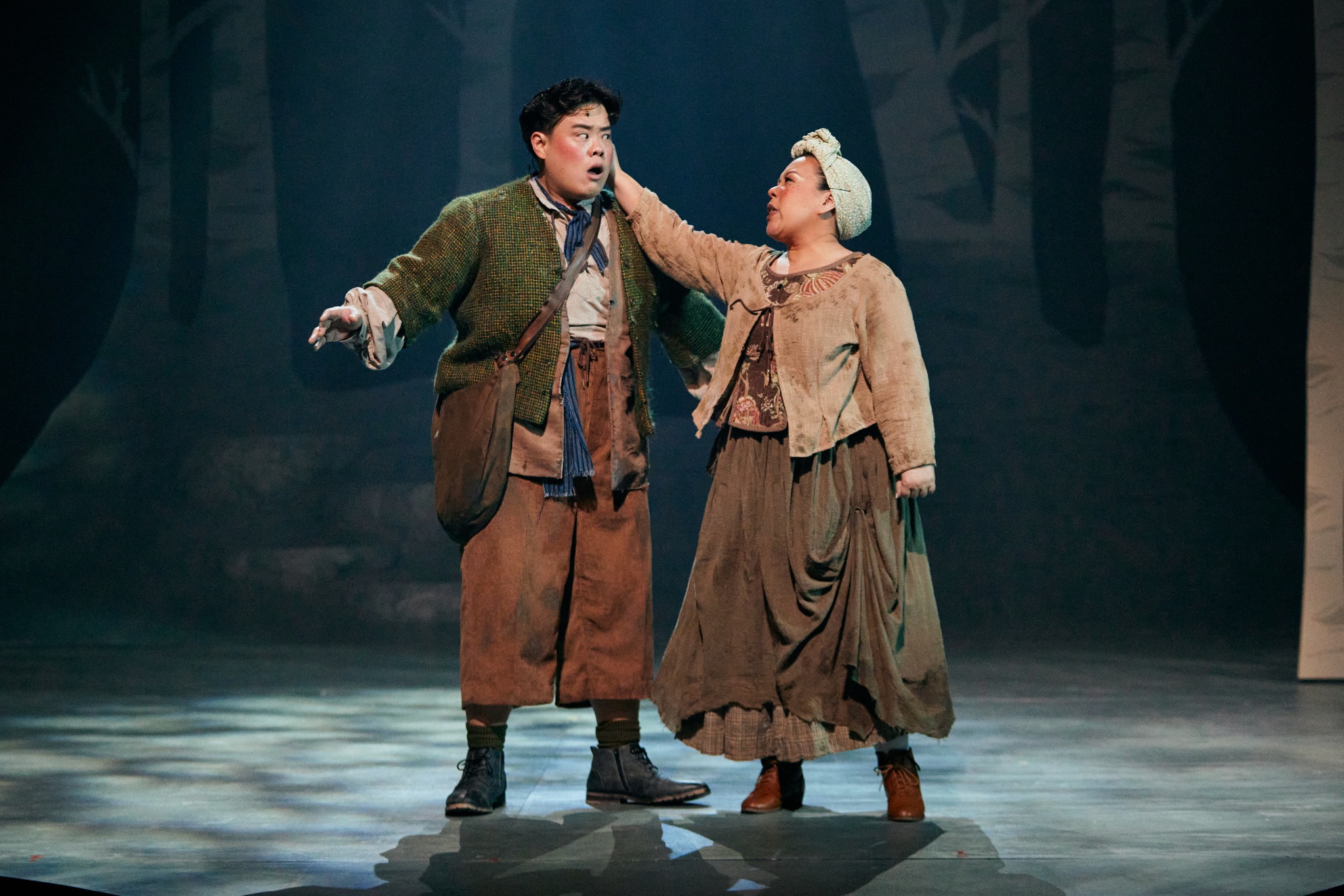 Wide shot of Andrew Marko and Candice de Rozario onstage in Into The Woods