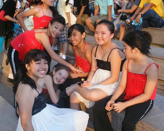 Wide shot of Nathania Ong (bottom right) with friends